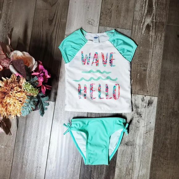 Old Navy Seafoam Green Wave Hello Floral Rash Guard 2 Piece Swimsuit Size 18-24m - Picture 1 of 15